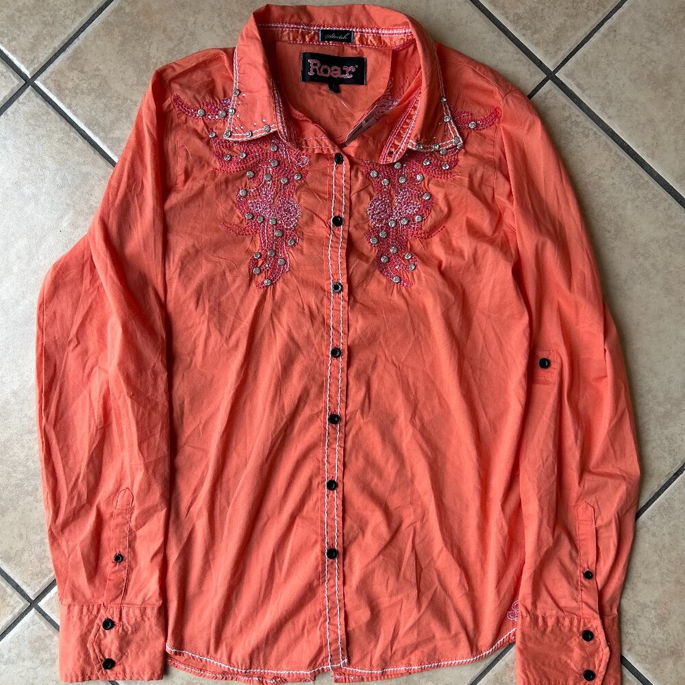 Y2K Roar Embellished Embroidered Button Down Shirt Orange